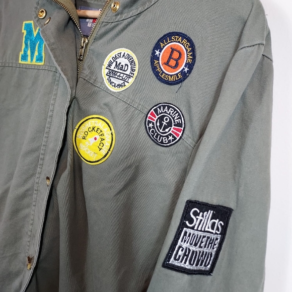 Vintage green khaki duffle jacket Temt Sz 10 patch drawstring hood denim unisex - Picture 3 of 4